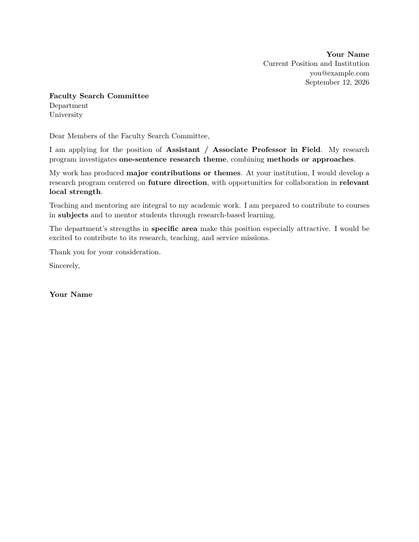 Preview of Faculty Application Letter LaTeX template