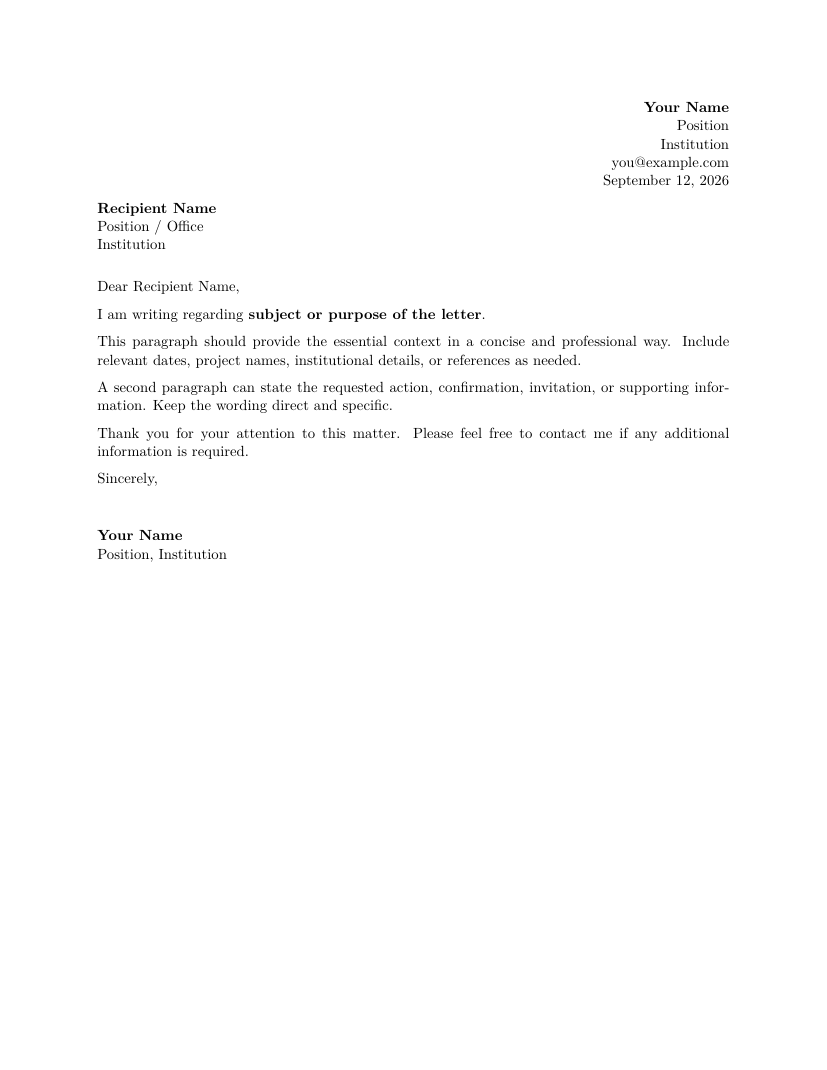 Preview of Formal Academic Letter LaTeX template