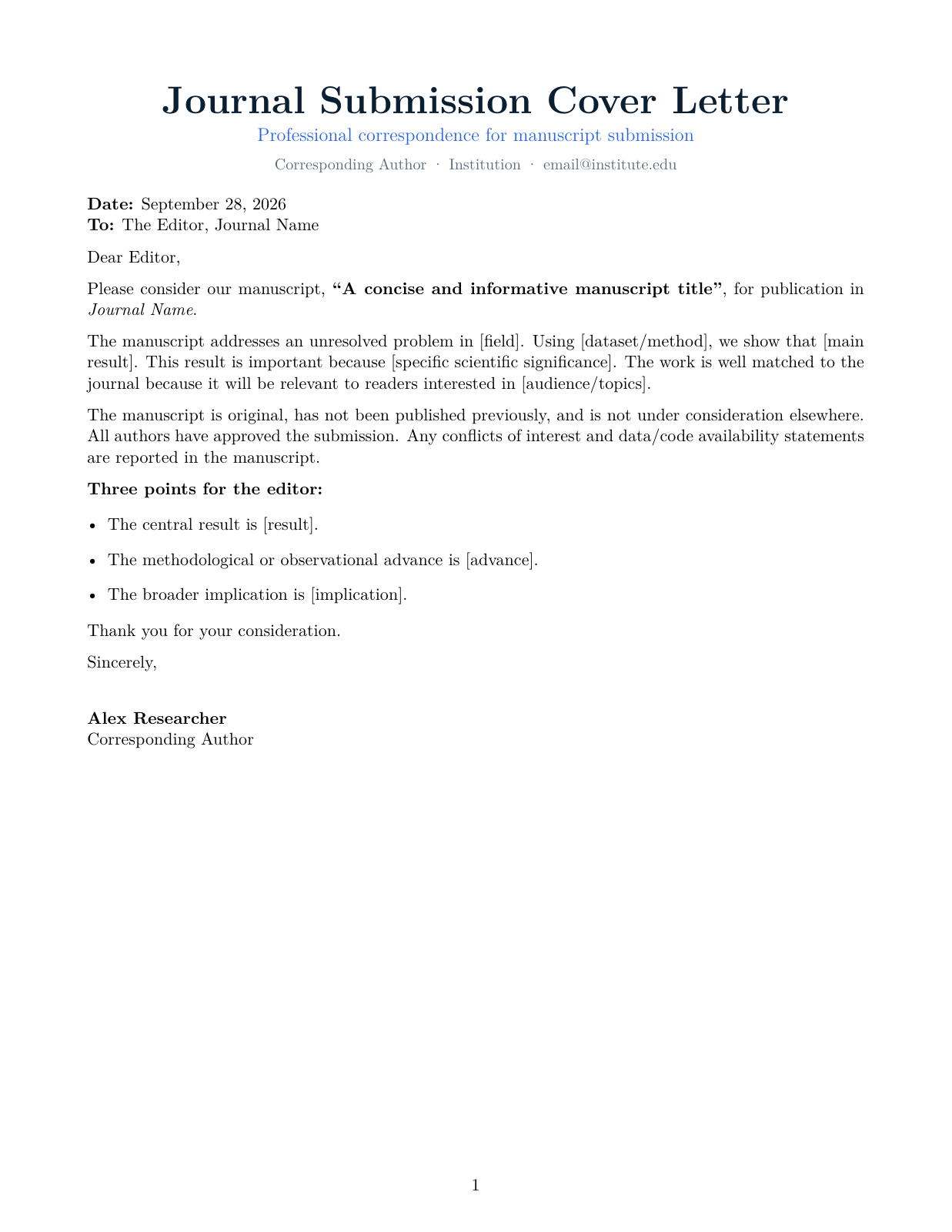Preview of Journal Submission Cover Letter LaTeX template