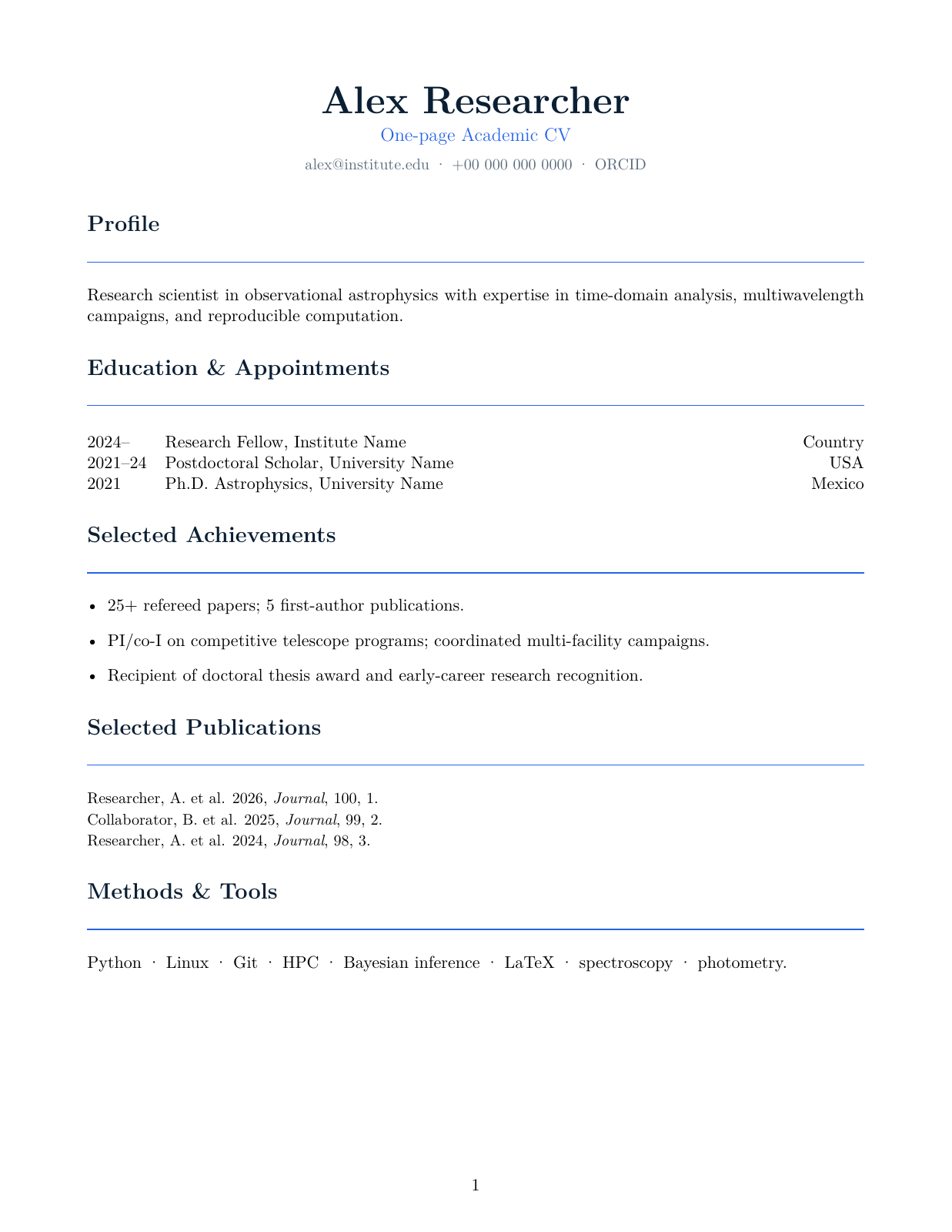 Preview of One-page Academic CV LaTeX template