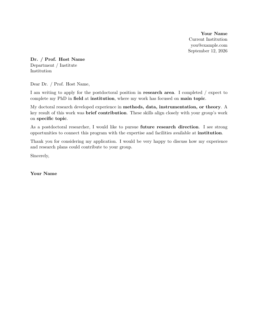 Preview of Postdoctoral Application Letter LaTeX template