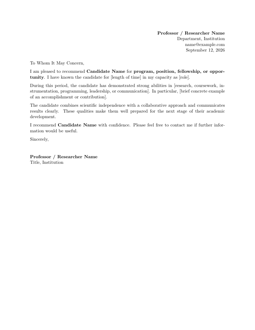 Preview of Recommendation Letter LaTeX template