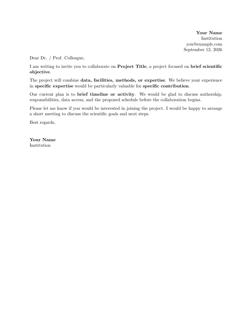 Preview of Research Collaboration Letter LaTeX template