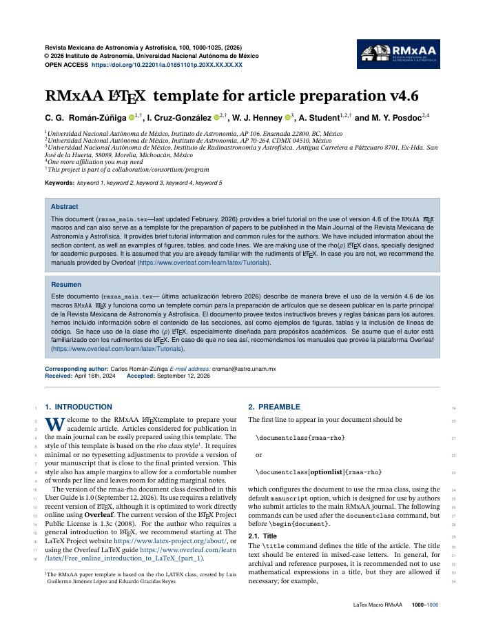 Preview of RMxAA — Revista Mexicana de Astronomía y Astrofísica LaTeX template
